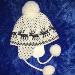 Borjesson Swedish snow ski hat XS wool/acrylic pompom ear flaps reindeer design
